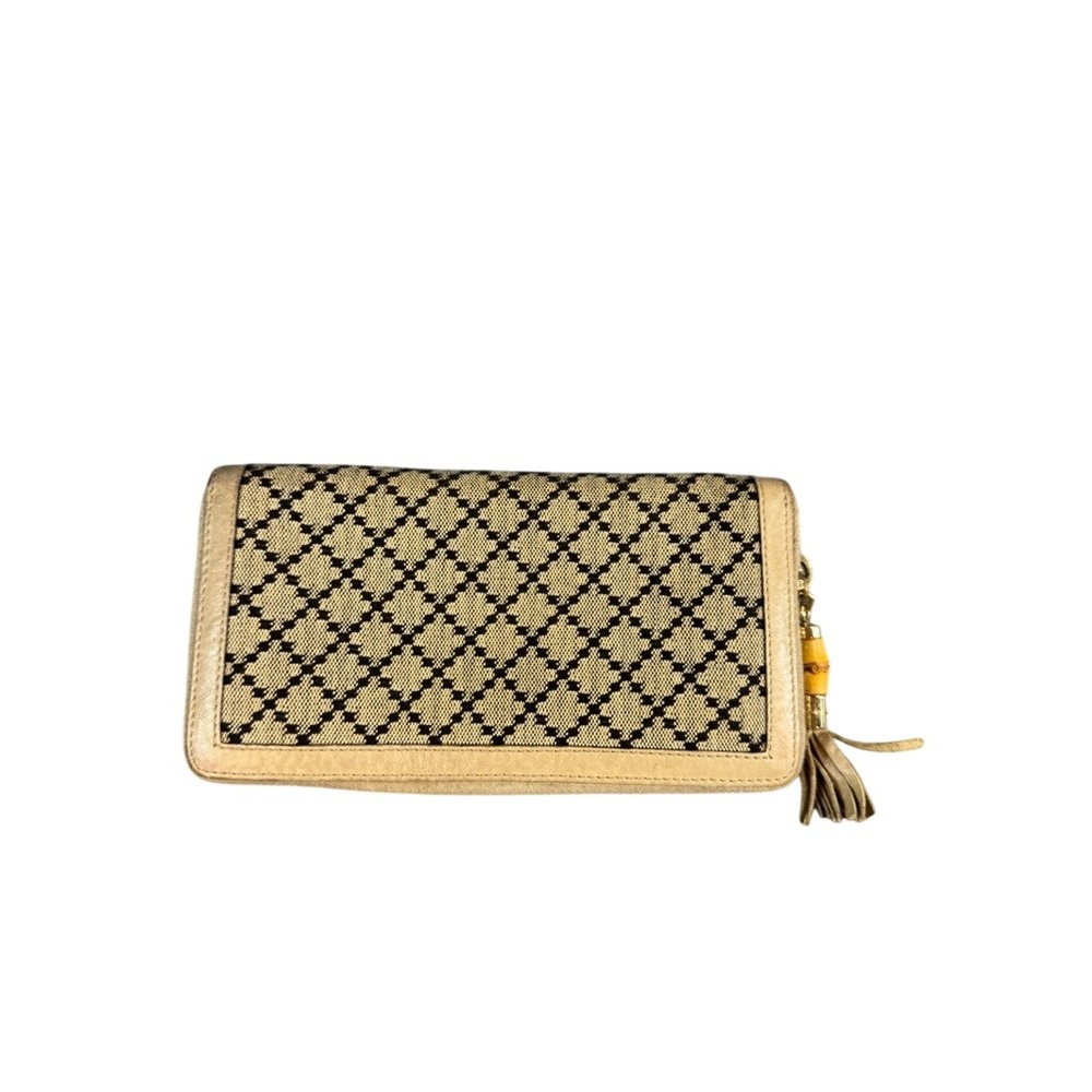 Gucci Diamante Canvas Bamboo Tassel Zip Around Wallet Beige Black Leather